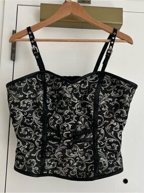 Black and Silver Embroidered Corset-Style Camisole